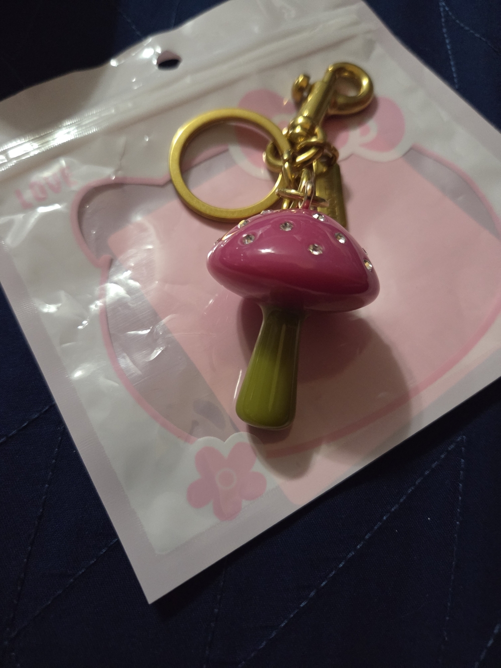 Pink Mushroom Keychain/Bag Charm with Gold Hardware New